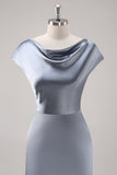 Vestido de dama de honor con cuello de campana de satén azul grisáceo con mangas de capa