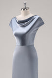 Vestido de dama de honor con cuello de campana de satén azul grisáceo con mangas de capa