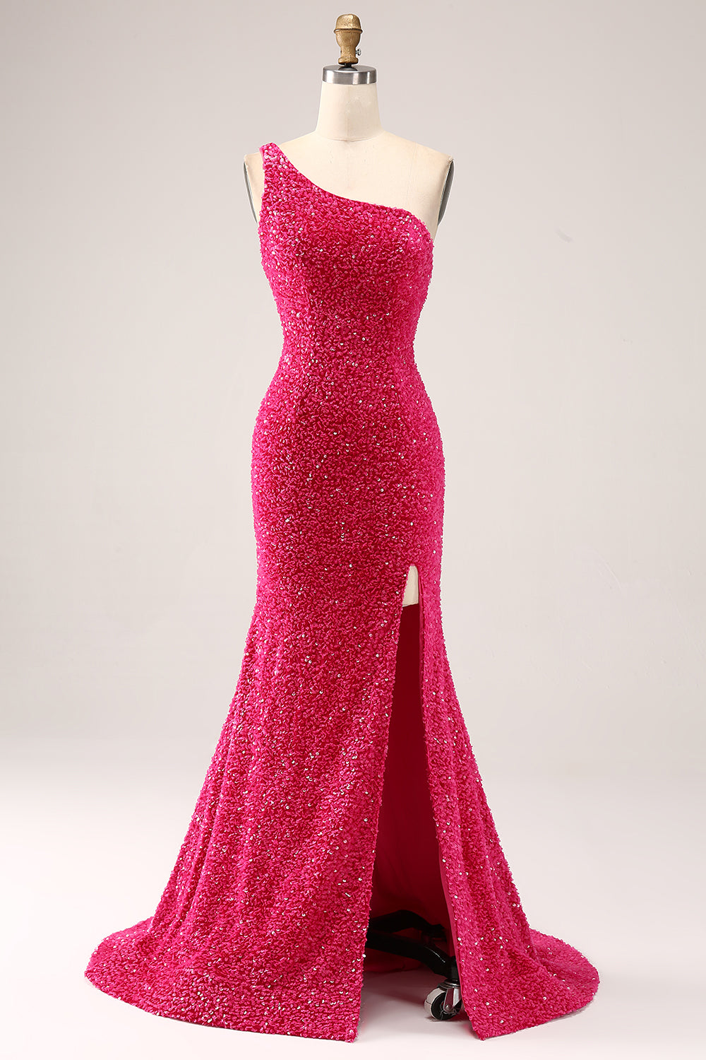 Vestido de fiesta de lentejuelas fucsias fucsia brillante de un hombro con abertura