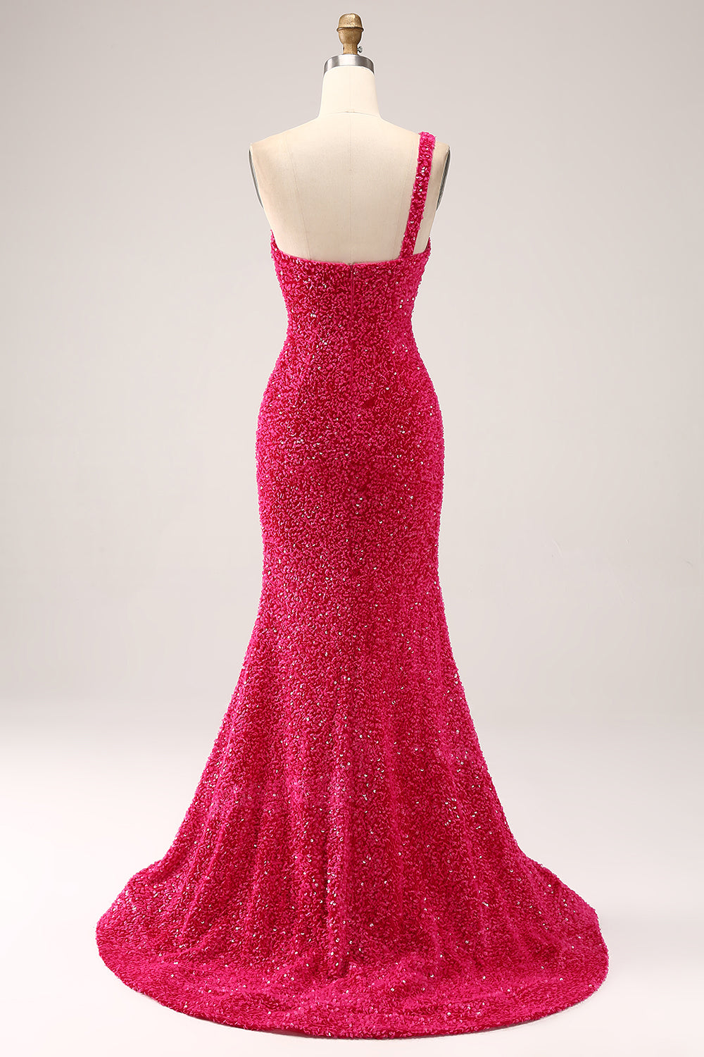 Vestido de fiesta de lentejuelas fucsias fucsia brillante de un hombro con abertura