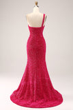 Vestido de fiesta de lentejuelas fucsias fucsia brillante de un hombro con abertura