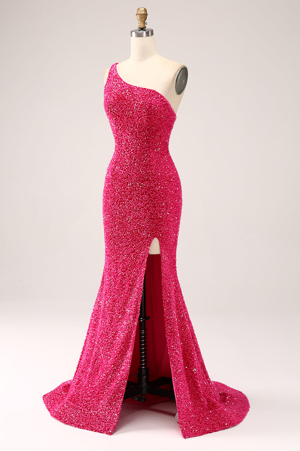 Vestido de fiesta de lentejuelas fucsias fucsia brillante de un hombro con abertura
