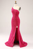 Vestido de fiesta de lentejuelas fucsias fucsia brillante de un hombro con abertura