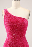 Vestido de fiesta de lentejuelas fucsias fucsia brillante de un hombro con abertura