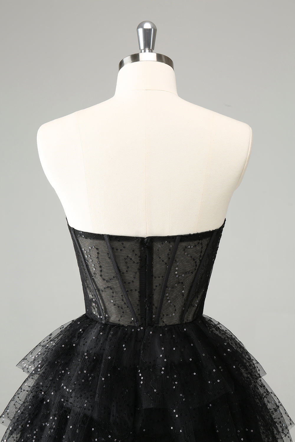Vestido de cóctel lindo con corsé escalonado de novia negro brillante de una línea