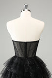 Vestido de cóctel lindo con corsé escalonado de novia negro brillante de una línea