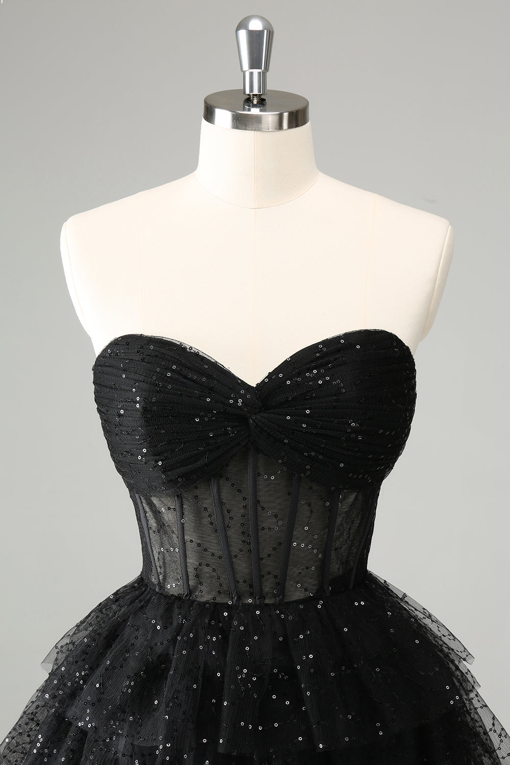 Vestido de cóctel lindo con corsé escalonado de novia negro brillante de una línea