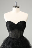 Vestido de cóctel lindo con corsé escalonado de novia negro brillante de una línea