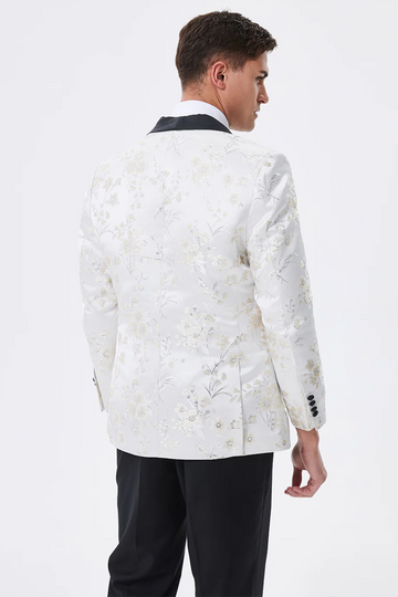 Blazer de hombre con solapa de chal bordado floral blanco brillante