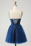 Vestido de cóctel azul marino con tirantes finos y espalda con cordones de tul