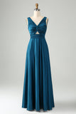 Vestido de dama de honor largo con cuello en V azul tinta A Line V