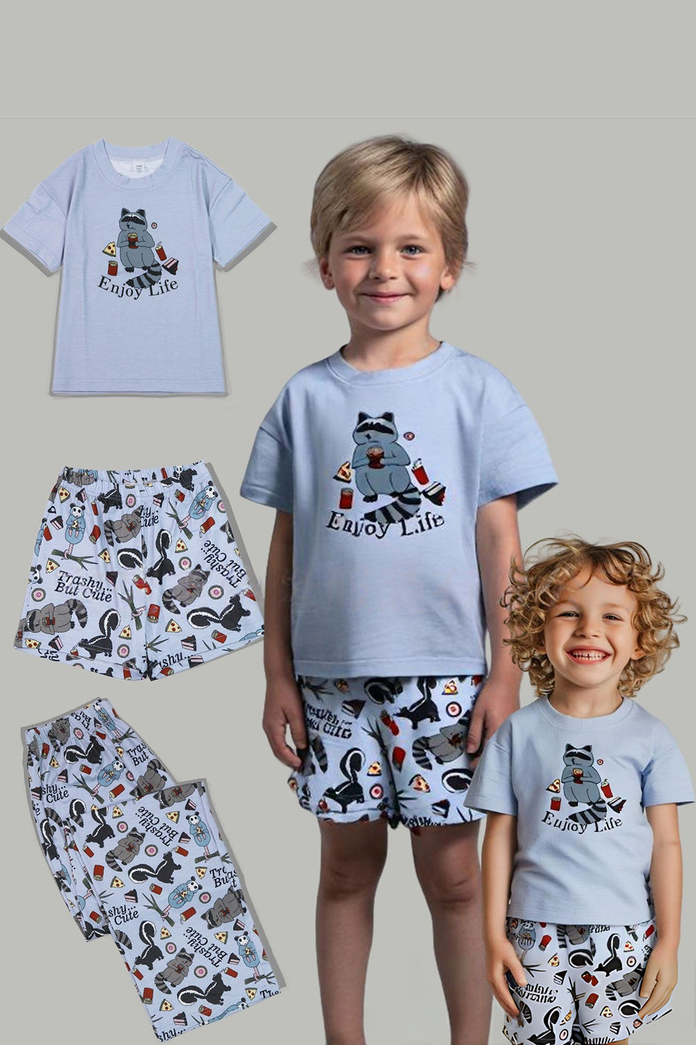 Pijama familiar de manga corta estampado gris a juego