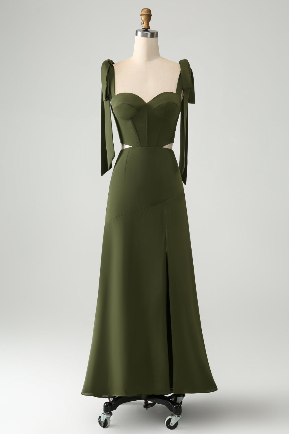Olive A Line Spaghetti Straps Vestido de invitada de boda hasta el suelo con abertura