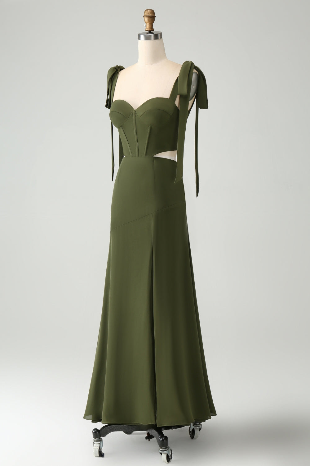 Olive A Line Spaghetti Straps Vestido de invitada de boda hasta el suelo con abertura