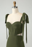 Olive A Line Spaghetti Straps Vestido de invitada de boda hasta el suelo con abertura