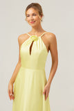 Vestido de dama de honor largo sin espalda corto con flor de línea A Line Halter