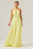 Vestido de dama de honor largo sin espalda corto con flor de línea A Line Halter