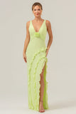 Vestido de dama de honor largo con escote en V profundo y cuello en V profundo con abertura de volantes