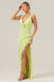 Vestido de dama de honor largo con escote en V profundo y cuello en V profundo con abertura de volantes