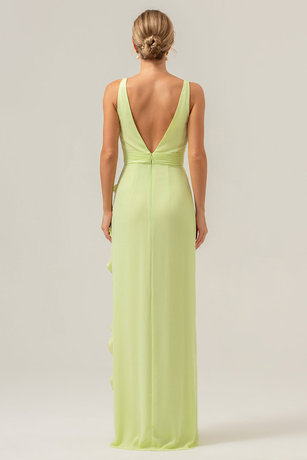 Vestido de dama de honor largo con escote en V profundo y cuello en V profundo con abertura de volantes