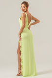 Vestido de dama de honor largo con escote en V profundo y cuello en V profundo con abertura de volantes