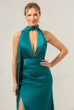 Vaina de pavo real Vestido de dama de honor largo sin espalda con espalda y abertura