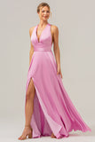 Vestido de dama de honor largo de satén sin espalda con escote en V rosa A Line con abertura