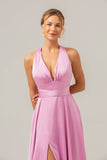 Vestido de dama de honor largo de satén sin espalda con escote en V rosa A Line con abertura
