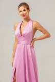 Vestido de dama de honor largo de satén sin espalda con escote en V rosa A Line con abertura