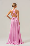 Vestido de dama de honor largo de satén sin espalda con escote en V rosa A Line con abertura