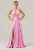 Vestido de dama de honor largo de satén sin espalda con escote en V rosa A Line con abertura