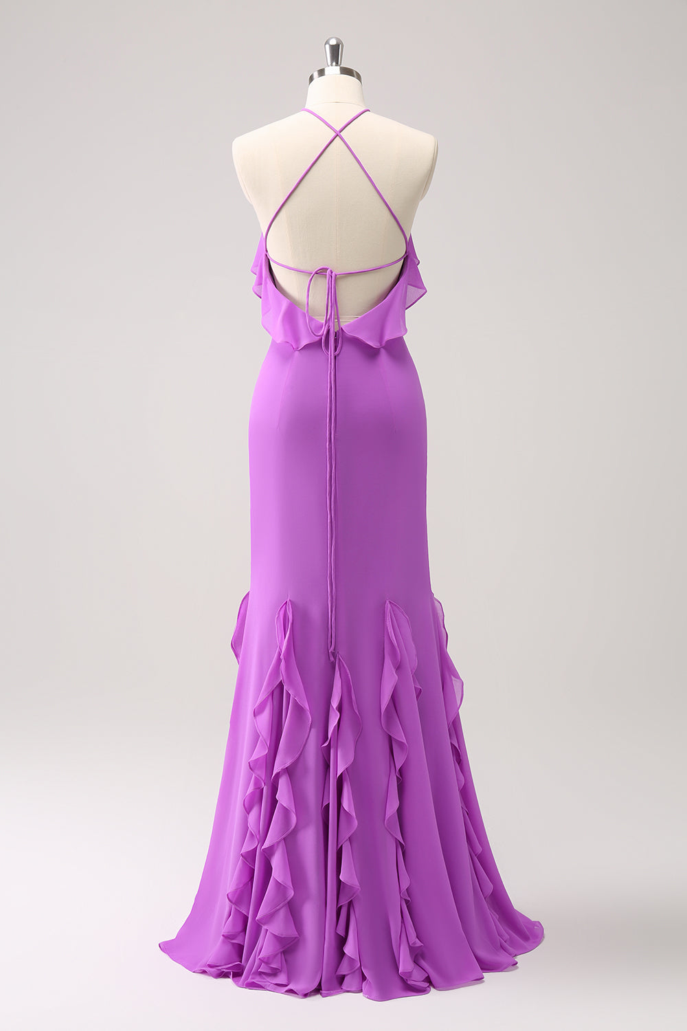 Vestido largo de dama de honor de gasa con volantes halter de sirena de Tahití