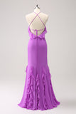 Vestido largo de dama de honor de gasa con volantes halter de sirena de Tahití