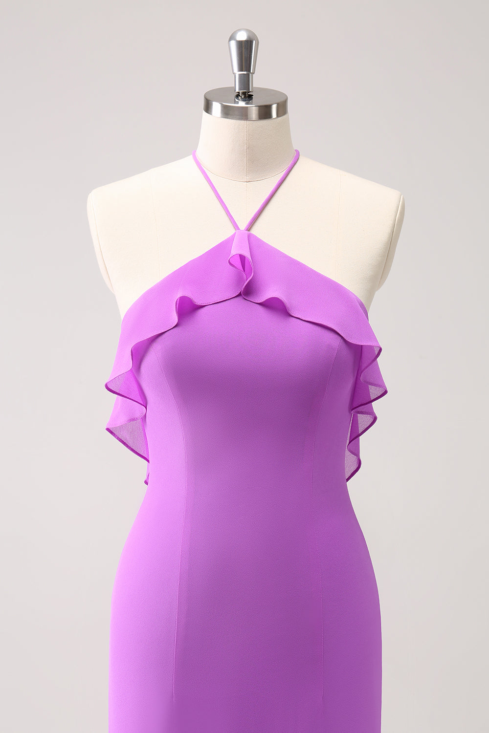 Vestido largo de dama de honor de gasa con volantes halter de sirena de Tahití