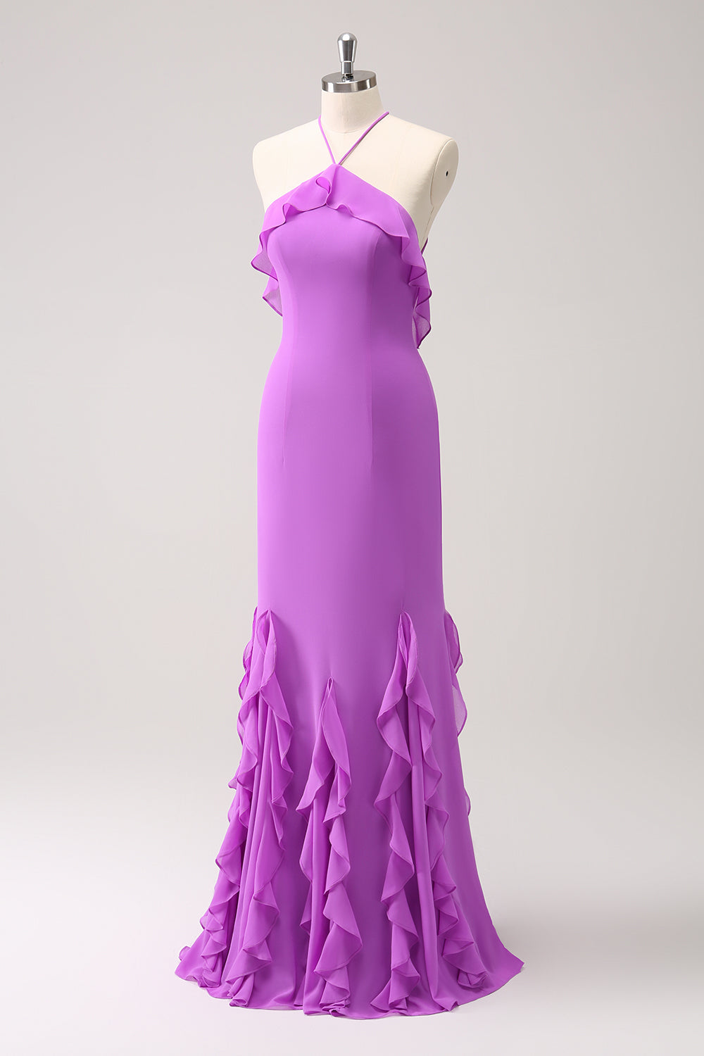Vestido largo de dama de honor de gasa con volantes halter de sirena de Tahití
