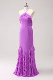 Vestido largo de dama de honor de gasa con volantes halter de sirena de Tahití