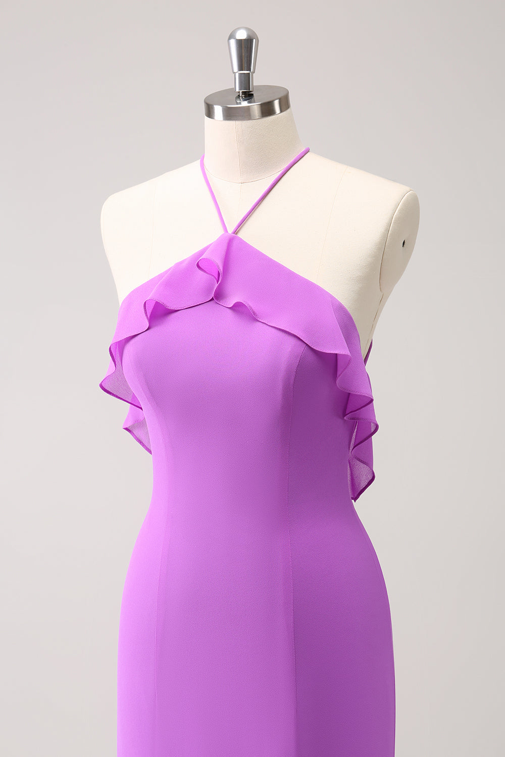 Vestido largo de dama de honor de gasa con volantes halter de sirena de Tahití