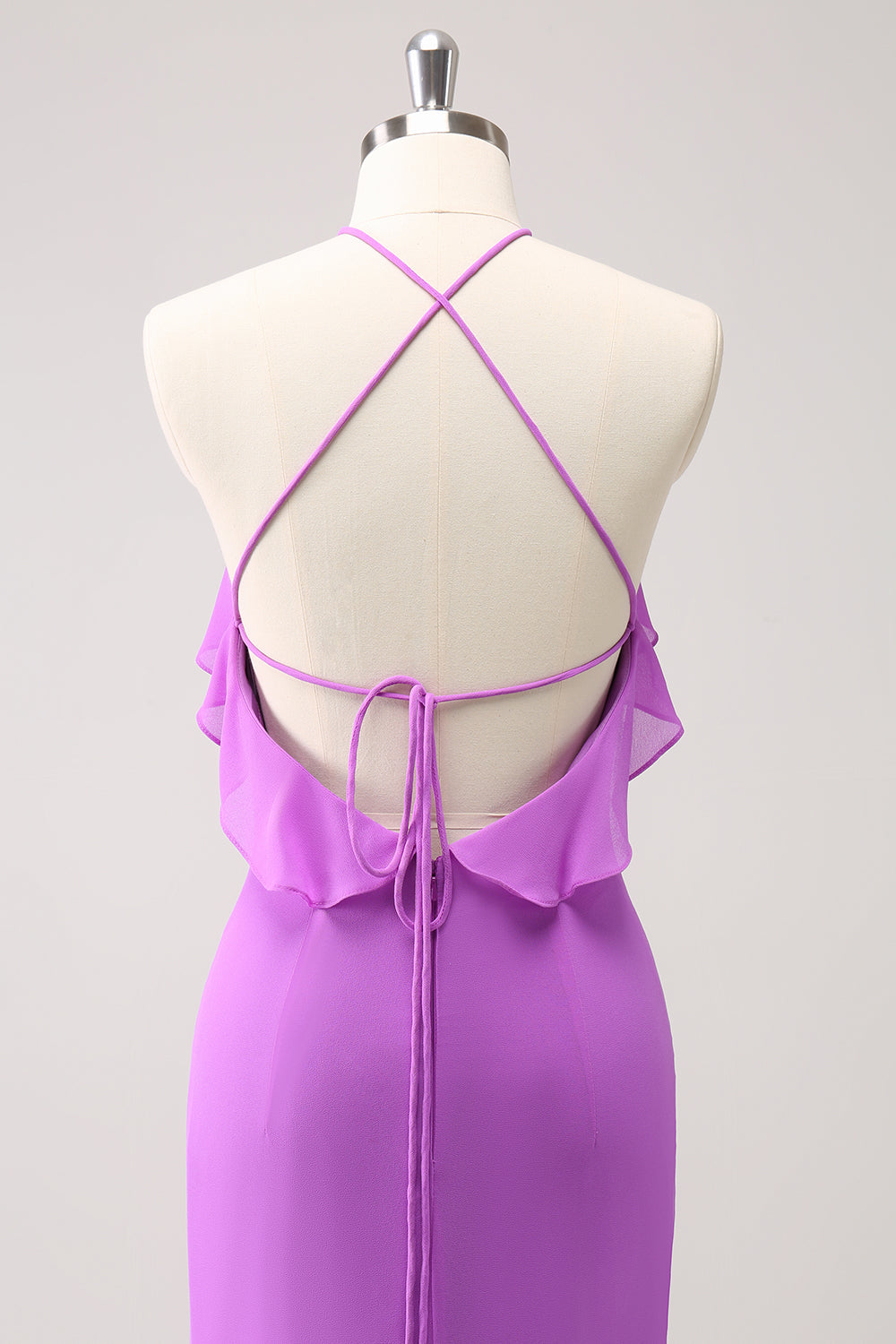 Vestido largo de dama de honor de gasa con volantes halter de sirena de Tahití