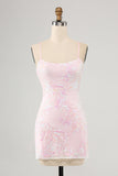 Vestido de cóctel ajustado con tirantes finos y espalda cruzada en color rosa
