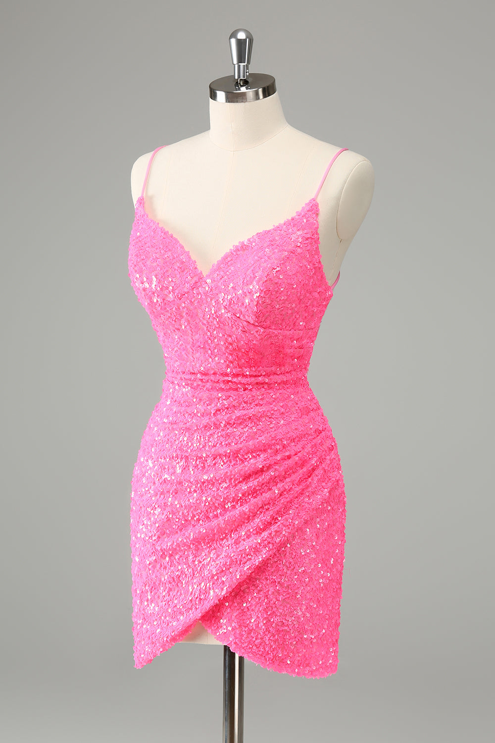 Vestido de cóctel con lentejuelas y tirantes finos ajustados rosa intenso con purpurina
