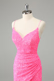 Vestido de cóctel con lentejuelas y tirantes finos ajustados rosa intenso con purpurina