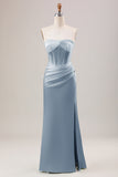 Corsé de vaina azul polvoriento vestido de dama de honor largo sin tirantes con abertura