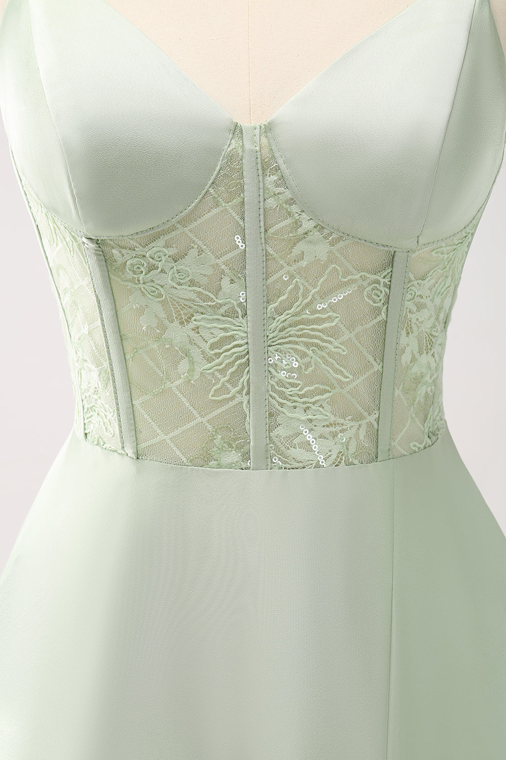 Tirantes de espagueti verdes Vestido de dama de honor con corsé largo de satén de línea A con abertura