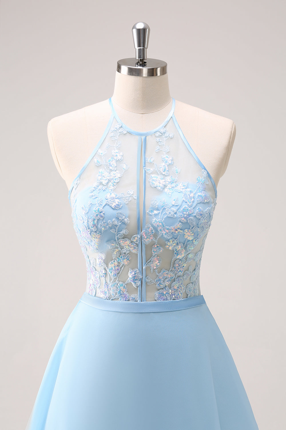 Vestido de dama de honor largo floral halter azul brillante con cordones en la espalda
