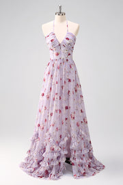 Gris Morado Floral A Line Corsé Halter Vestido de Dama de Honor con Abertura