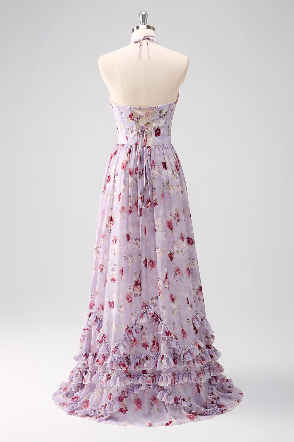 Gris Morado Floral A Line Corsé Halter Vestido de Dama de Honor con Abertura