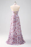 Gris Morado Floral A Line Corsé Halter Vestido de Dama de Honor con Abertura