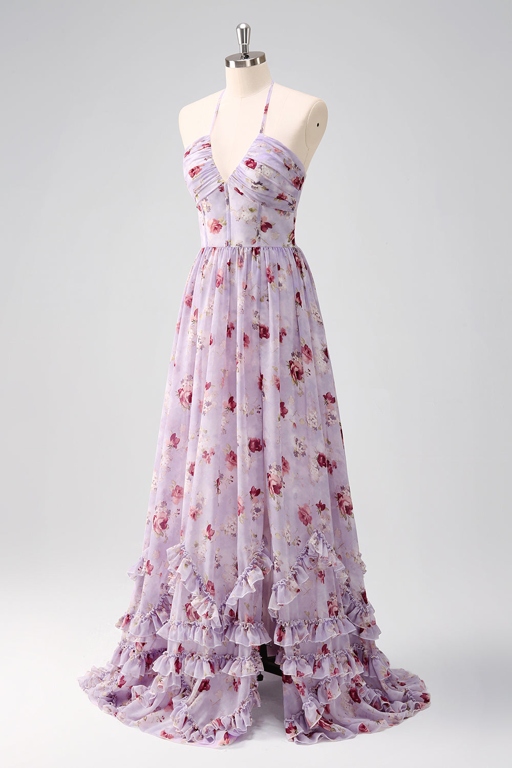 Gris Morado Floral A Line Corsé Halter Vestido de Dama de Honor con Abertura