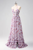 Gris Morado Floral A Line Corsé Halter Vestido de Dama de Honor con Abertura