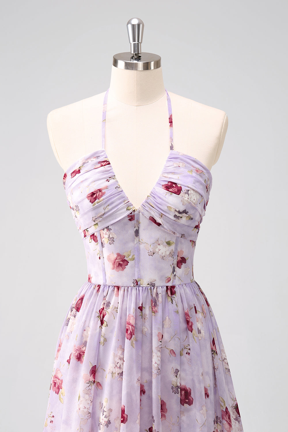 Gris Morado Floral A Line Corsé Halter Vestido de Dama de Honor con Abertura